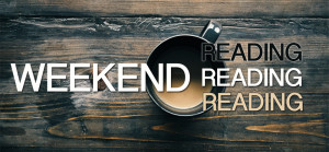A banner of a coffee cup with the text Weekend Reading over it